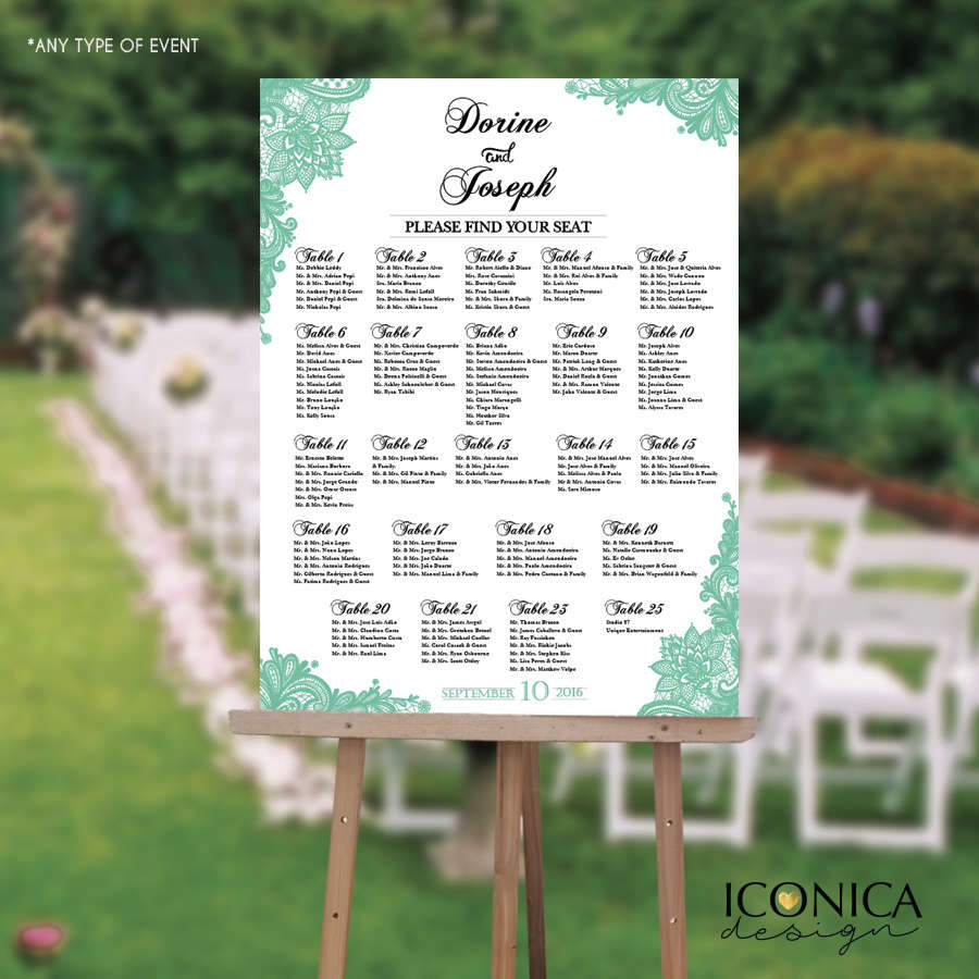 Wedding Seating Chart Board Mint Green Printable Guest List Chart Seating Chart Template Lace Mint Green Wedding Digital Or Printed SCW0001