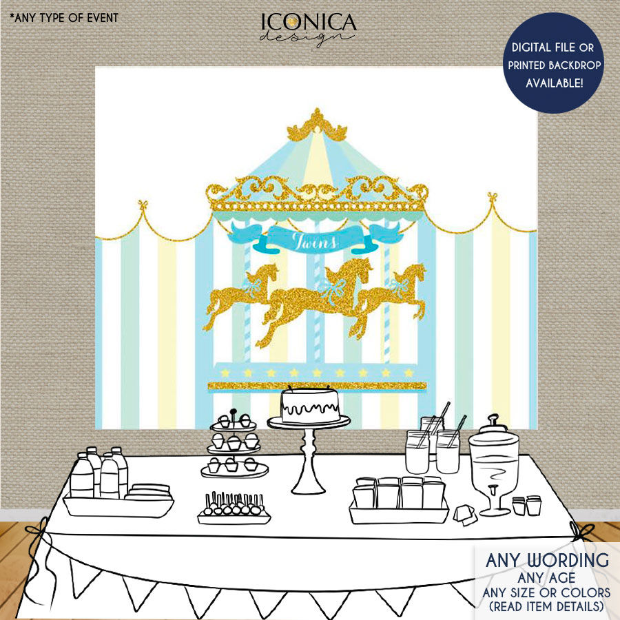 Carousel Twins Baby Shower Party Backdrop Gender Reveal Baby Shower Banner Boy Circus Banner - virtual baby shower