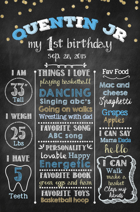 Boy First Birthday Poster Party Blue And Gold Chalkboard Sign Birthday Poster Boy Blue Party Sign Any Color Printed - Printable File CBD0006