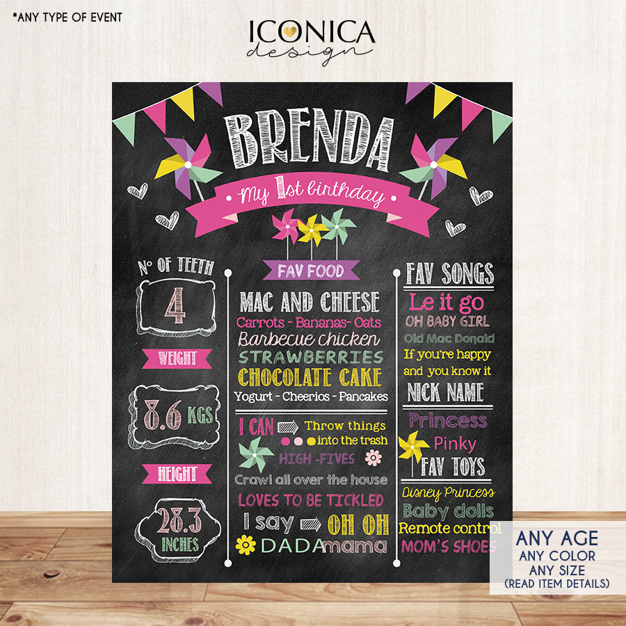 Girls Pinwheel First Birthday Chalkboard Poster, First Birthday Milestone Poster, Any Color, 1st Birthday Sign, Digital Or Printed, CBD0027