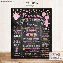Load image into Gallery viewer, Gold &amp; Pink First Birthday Party Milestone Poster Girl Chalkboard Sign Birthday Poster - Any Age - Gold Glitter - Digital or Printed CBD0009
