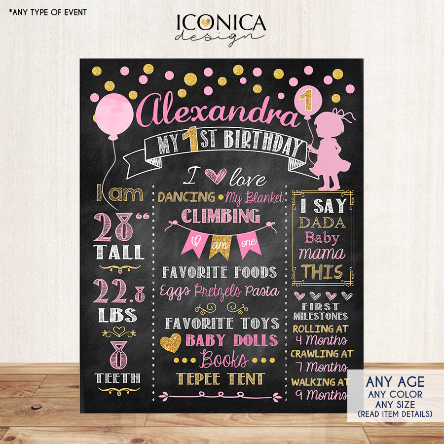 Gold & Pink First Birthday Party Milestone Poster Girl Chalkboard Sign Birthday Poster - Any Age - Gold Glitter - Digital or Printed CBD0009