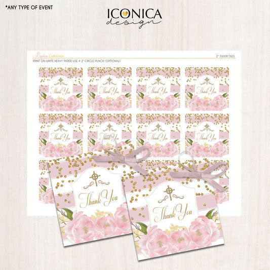 Floral Pink Religious Favor Tags - Floral Garden Favor Tags Pink and Gold Confetti Pink Peonies Digital File -  Instant download