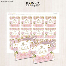 Load image into Gallery viewer, Floral Pink Religious Favor Tags - Floral Garden Favor Tags Pink and Gold Confetti Pink Peonies Digital File -  Instant download
