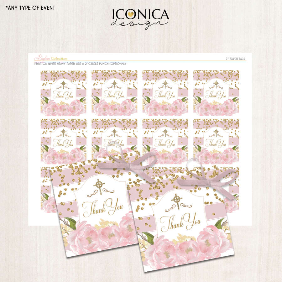 Floral Pink Religious Favor Tags - Floral Garden Favor Tags Pink and Gold Confetti Pink Peonies Digital File -  Instant download