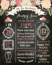Load image into Gallery viewer, Floral First Birthday Chalkboard Sign,Peach Coral 1st Birthday Party Sign,Milestones Poster, Free Shipping Printed Or Printable File CBD0023
