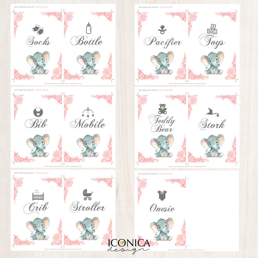 Baby Shower Table Cards (11 Designs), ,baby Shower, Table Signs, 5x7 Signs, Baby Elephant, Elephant Shower, Pink Lace, Instant Download