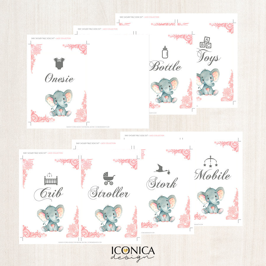 Baby Shower Table Cards (11 Designs), ,baby Shower, Table Signs, 5x7 Signs, Baby Elephant, Elephant Shower, Pink Lace, Instant Download