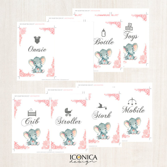 Baby Shower Table Cards (11 Designs), ,baby Shower, Table Signs, 5x7 Signs, Baby Elephant, Elephant Shower, Pink Lace, Instant Download