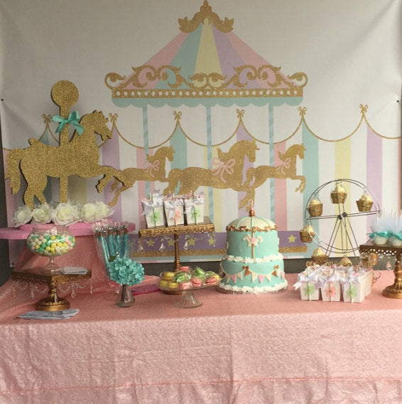 Carousel Party Backdrop First Birthday Any Age Girls Baby Shower Banner Girl Circus Banner Pastel Colors Printed Bbd0005