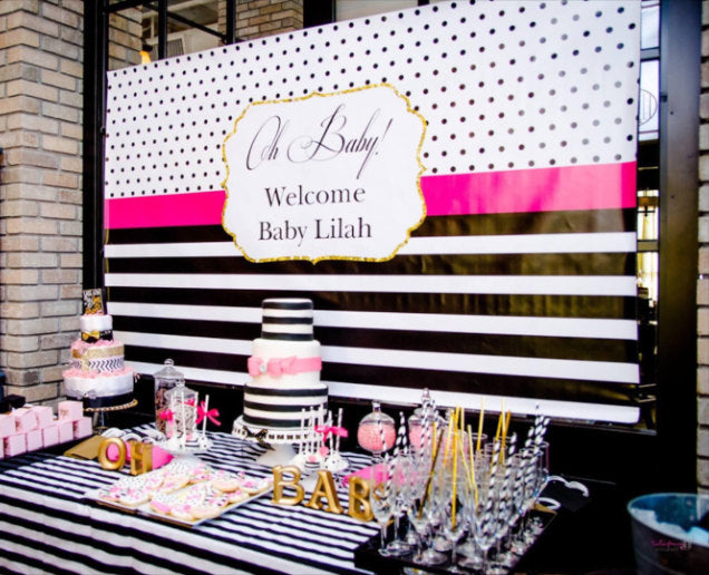 Glam Black And White Stripes Birthday Banner Bridal Baby Shower Backdrop Modern Black White Stripes Gold Glitter Printed Or Printable File
