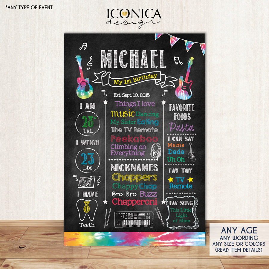 Tie Dye Birthday Party Decor Musical Party Chalkboard Sign First Birthday Poster Boys Or Girls Party Sign Printed Or Printable Sign Cbd0016