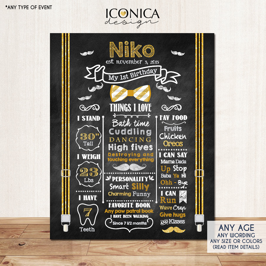 First Birthday Chalkboard Sign Little Man 1st Birthday Poster Mustache Bash Bowties Birthday Photo Prop - Gold - Printed Or Printable File