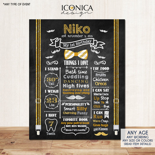 First Birthday Chalkboard Sign Little Man 1st Birthday Poster Mustache Bash Bowties Birthday Photo Prop - Gold - Printed Or Printable File