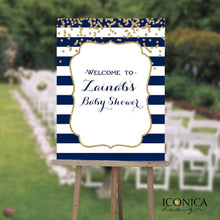 Load image into Gallery viewer, Baby Shower Welcome Sign - Gold And Blue Striped Party Sign - Shower Decor - Gold Glitter - Any Color - Printed Or Printable File Swbs003
