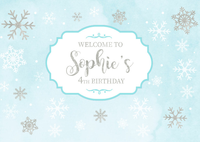 Winter Wonderland Custom Party Backdrop - Blue Silver Glitter Watercolor Background - Snowflakes Printed Free Shipping