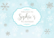 Load image into Gallery viewer, Winter Wonderland Custom Party Backdrop - Blue Silver Glitter Watercolor Background - Snowflakes Printed Free Shipping
