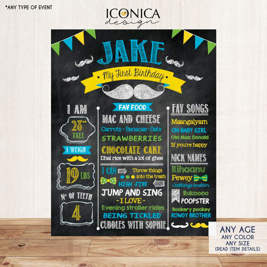 Mustache BOWTIE Little Man First Birthday Chalkboard Sign Milestones Birthday Poster Any Color Any Age 1st Birthday Printed - Printable File
