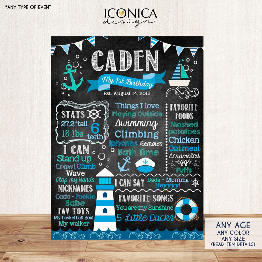 Nautical Chalkboard Sign, First Birthday Poster, Any Age, Sailor Party, Ocean Party Under The Sea Blue And Mint Printed Or Printable Cbd0009