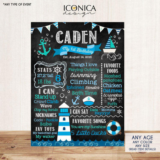 Nautical Chalkboard Sign, First Birthday Poster, Any Age, Sailor Party, Ocean Party Under The Sea Blue And Mint Printed Or Printable Cbd0009