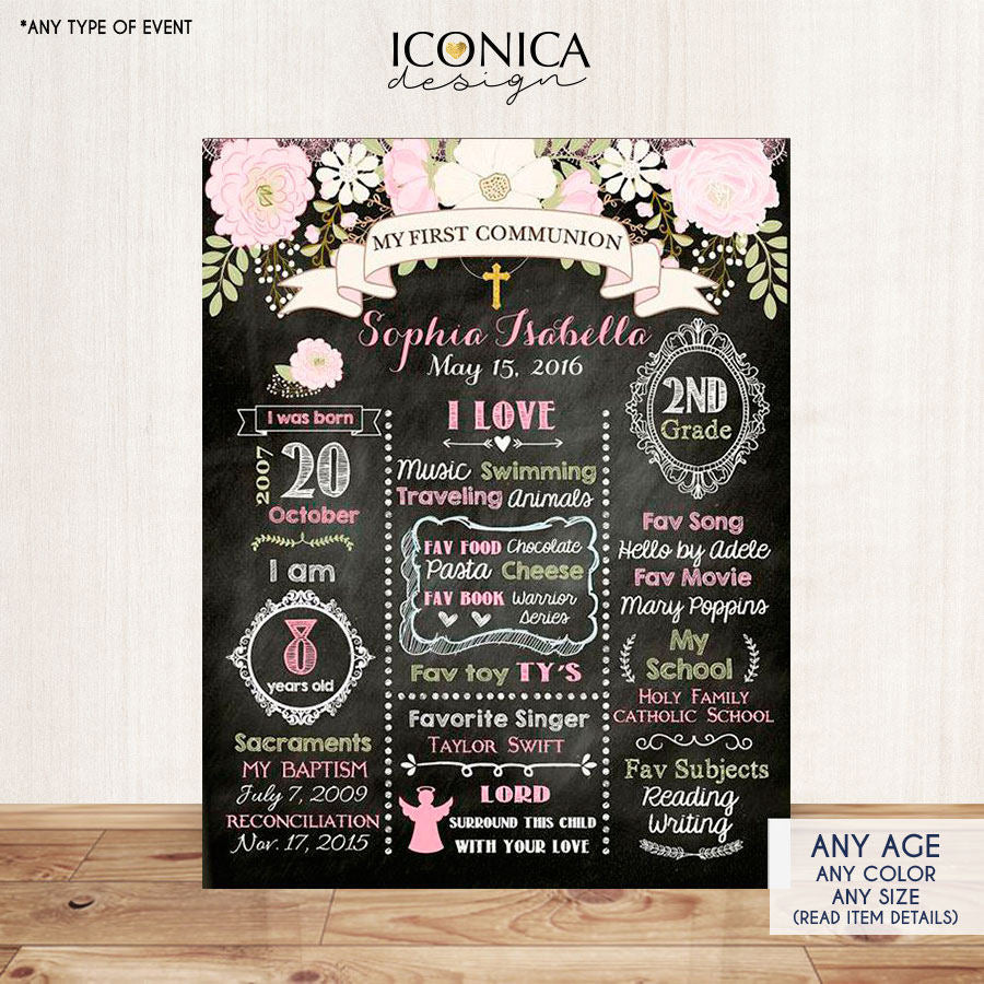 Floral First Communion Chalkboard Sign, Baptism Poster, Baby Blue, Any Event Or Info - Digital Or Printed CFC0006