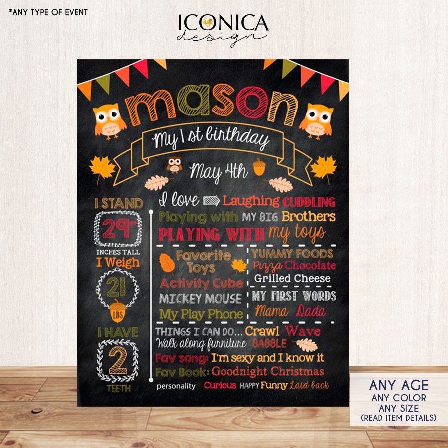 Owl First Birthday Chalkboard Woodland Poster First Birthday Milestone Chalkboard Poster Fall Party Digital File Or Printed Poster CBD0021