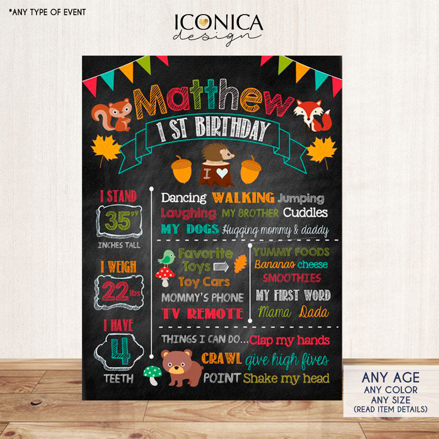 Woodland First Birthday Chalkboard Poster any age Forest Animals Fall Party Chalkboard Sign Autumn Birthday Poster Printed or Printable File