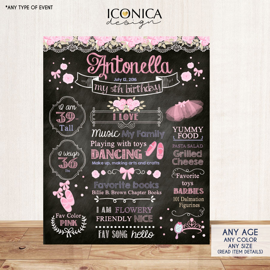 Ballerina First Birthday CHALKBOARD Poster Floral Chalkboard Sign - Printed or Printable File, Milestones Poster