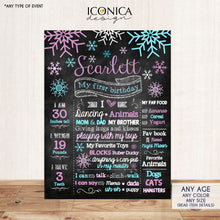 Load image into Gallery viewer, Winter Wonderland First Birthday Chalkboard Sign Birthday Poster, Snowflakes, Purple and Blue, Holiday Birthday, Printed or Printable File
