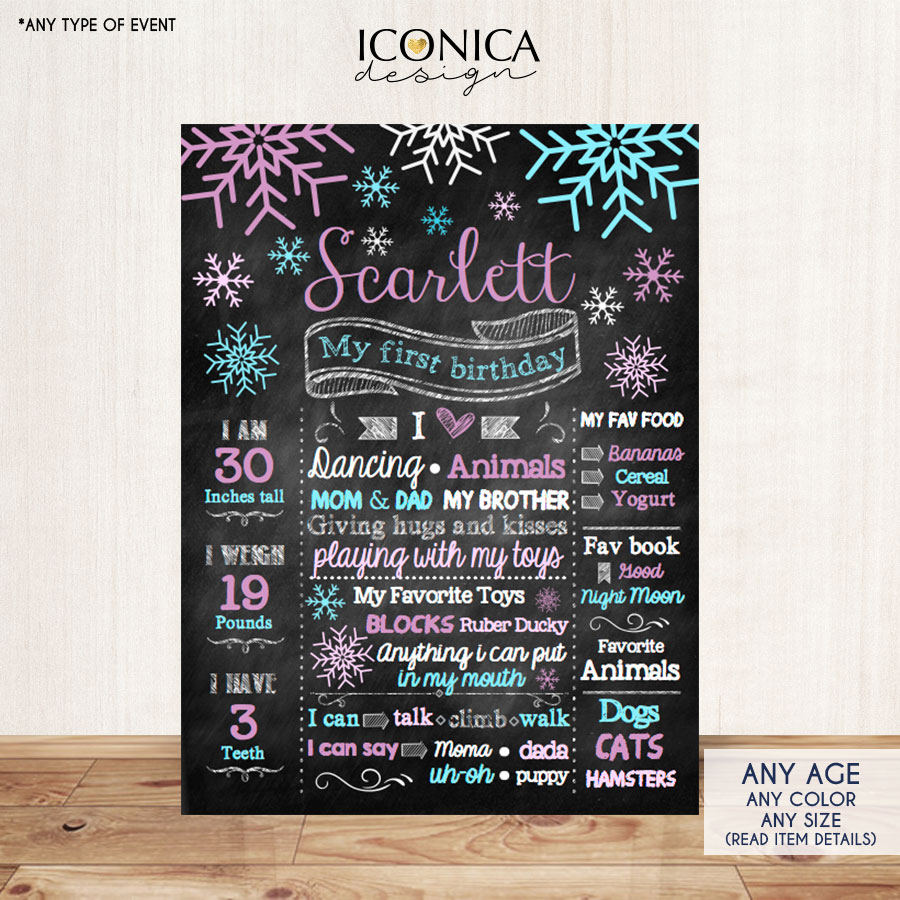 Winter Wonderland First Birthday Chalkboard Sign Birthday Poster, Snowflakes, Purple and Blue, Holiday Birthday, Printed or Printable File