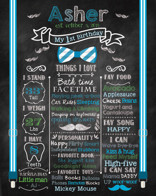 First Birthday Chalkboard Sign Little Man 1st Birthday Poster Mustache Bash Bowties Birthday Photo Prop Blue Printed Or Printable Cbd0002