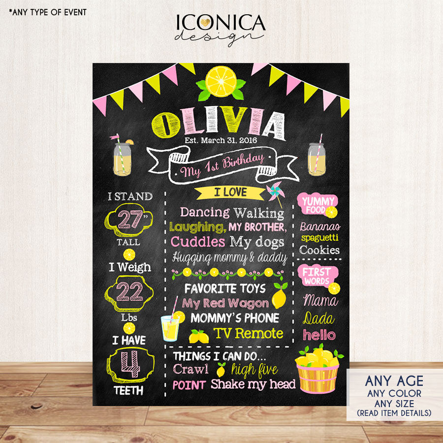 Lemonade Chalkboard Sign Poster, First Birthday, Any Age, Any Color, Lemonade Stand Party, Pink Lemonade, Printed Or Printable File CBD0041