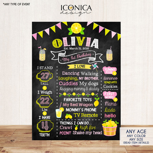 Lemonade Chalkboard Sign Poster, First Birthday, Any Age, Any Color, Lemonade Stand Party, Pink Lemonade, Printed Or Printable File CBD0041