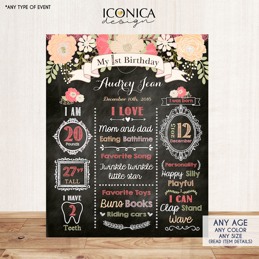 Floral First Birthday Chalkboard Sign,Peach Coral 1st Birthday Party S – Iconica Design floral-first-birthday-chalkboard-sign-peach-coral-1st-birthday-party-s-iconica-design