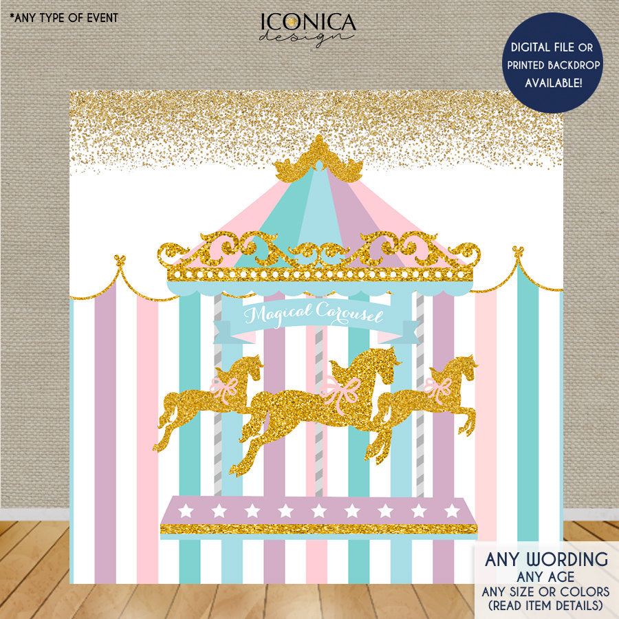 Carousel Party Backdrop First Birthday Any Age Any Wording Girls Baby Shower Banner Circus Banner Pastel Colors Printed Bbd0004