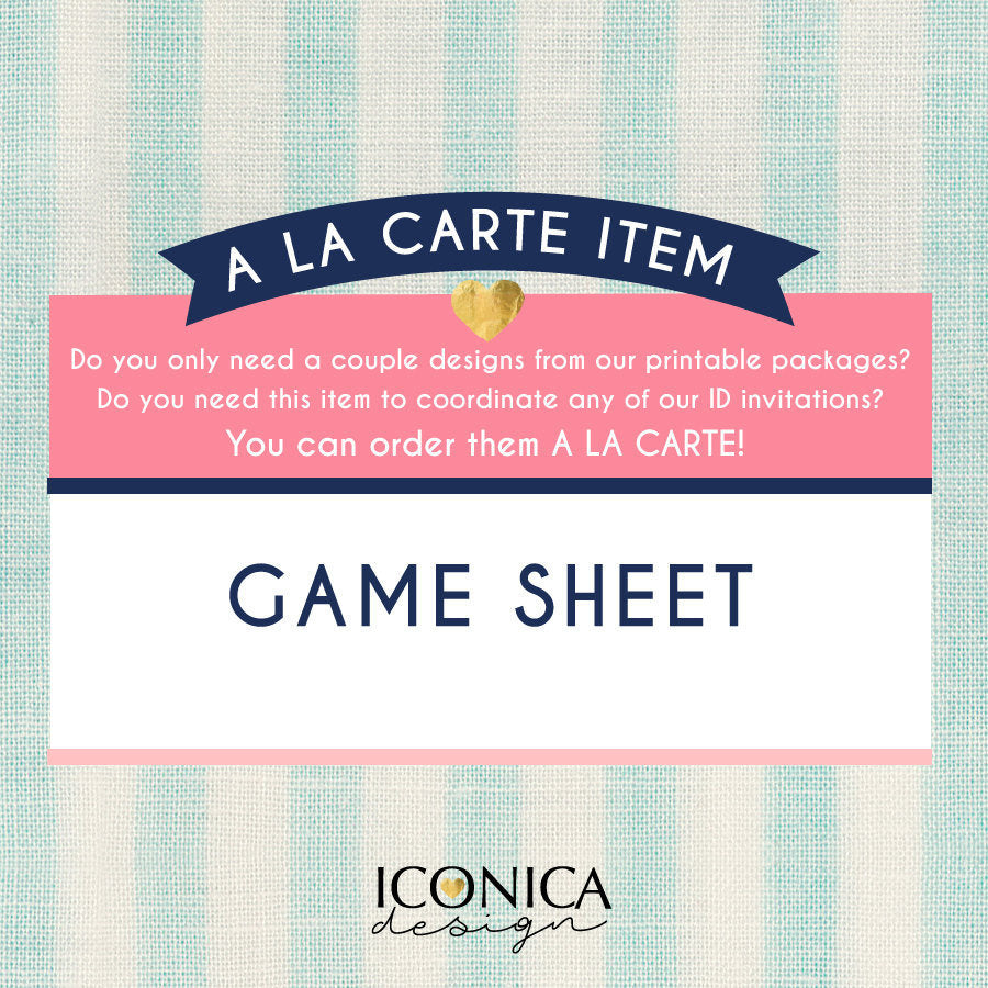 Game Sheet  || A La Carte || Single Party Item Of Any Of Our Party Collections || Made To Match Any Id Invitation