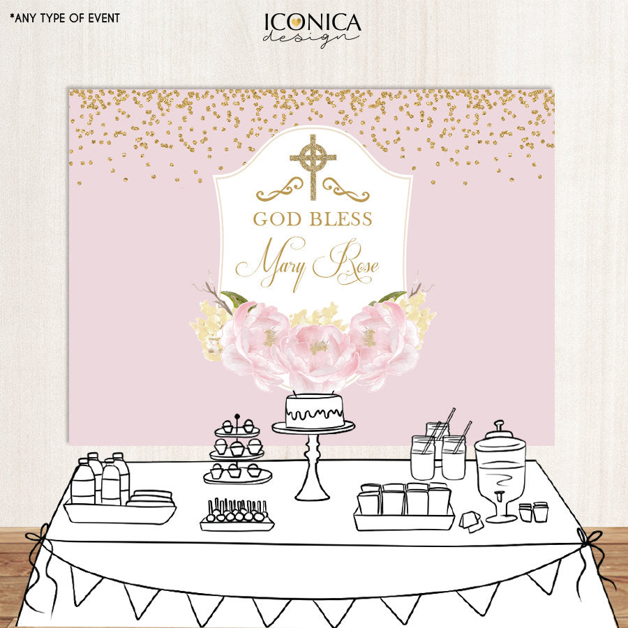 First Communion Backdrop,Baptism Backdrop,Floral Photo Backdrop,Pink Peonies Christening Backdrop,Printed, BFC0002