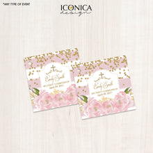 Load image into Gallery viewer, First Communion Favor Tags - Floral Pink Stripes Gift Tags - Thank You Tags - Pink Peonies Digital File Or Printed Shipped Gift Tags Tfc0002

