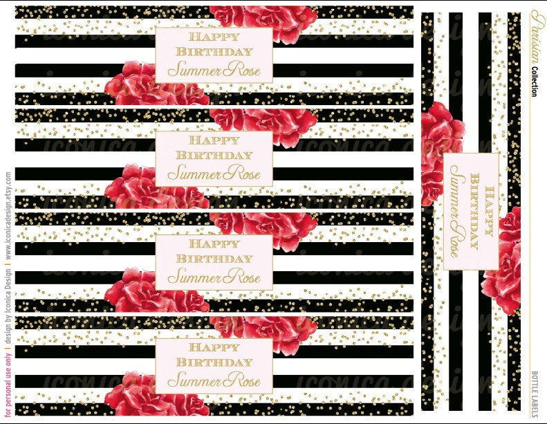 French Birthday Collection, Water Bottle Labels, Black and White Stripes, Gold Glitter, Bottle Wrappers, Digital File, Printable Party Decor