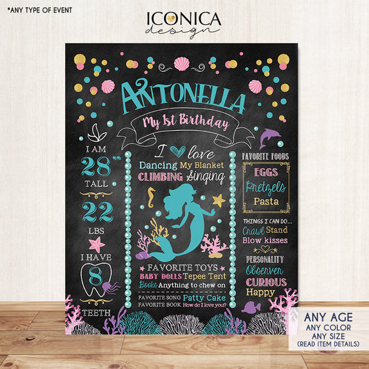 Mermaid Chalkboard Sign First Birthday Or Any Age, Under The Sea Party Chalkboard Poster, 1st Birthday, Digital Or Printed Sign CBD0044