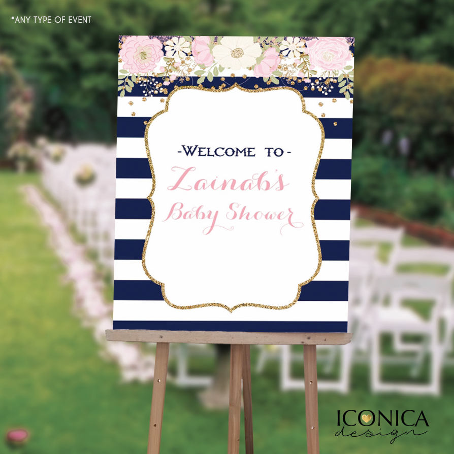 Baby Shower Welcome Sign Floral Blue and White Stripes - Printed or Printable File - Free Shipping SWBS002