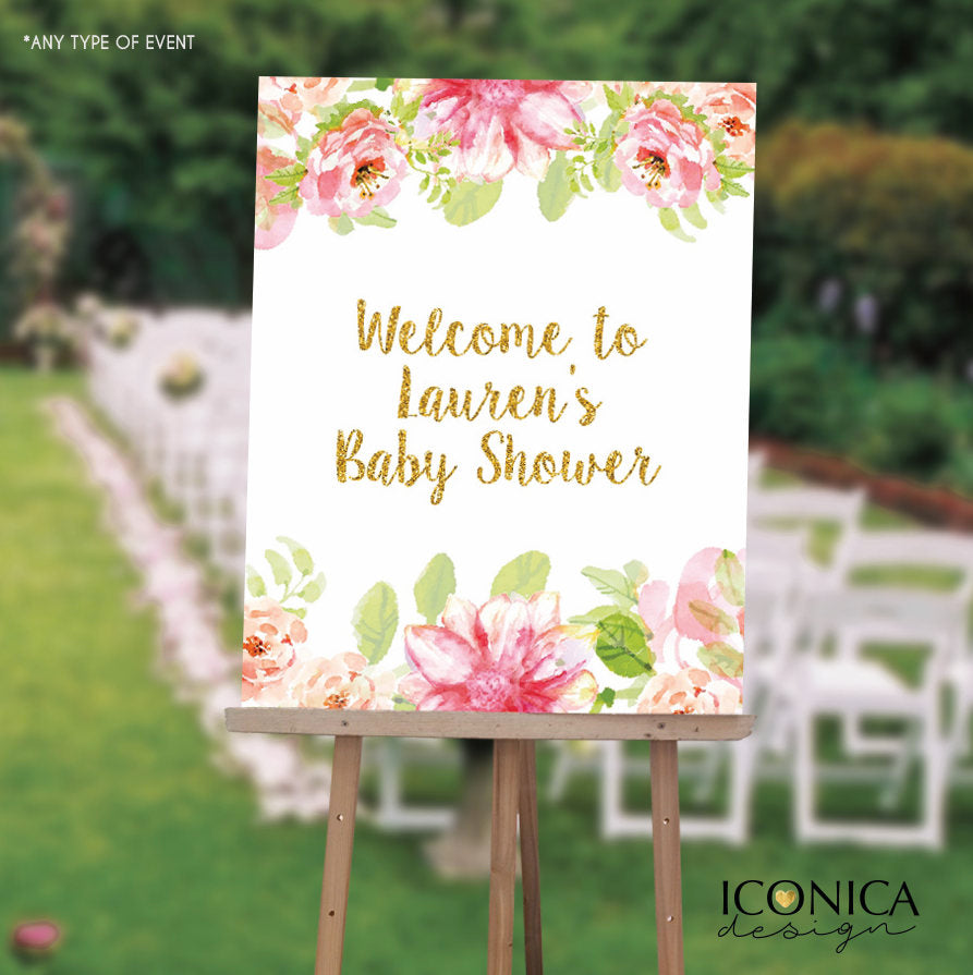 Baby Shower Welcome Sign - Floral Baby Shower Sign - Watercolor Flowers - Printed or Printable File - Free Shipping SWBS004