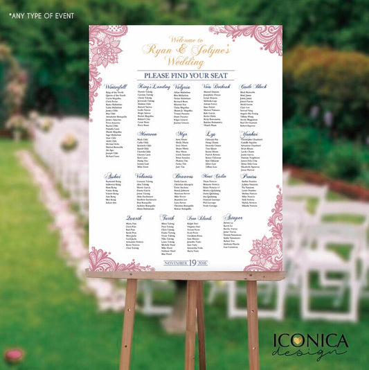 Wedding Seating Chart Board, elegant Pink Mauve Slate Gold Wedding Lace Guest List Chart Seating Chart  Printed Any Color Scw0011