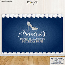 Load image into Gallery viewer, Denim And Diamonds Birthday Party Backdrop,Denim Party Banner,Any Event Gold Silver,Printed Or Printable File BBD0061
