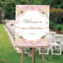 Load image into Gallery viewer, Floral First Communion Welcome Sign Garden Welcome Sign Floral Sign Pink Stripes - Gold And Pink - Printed Swfc0001
