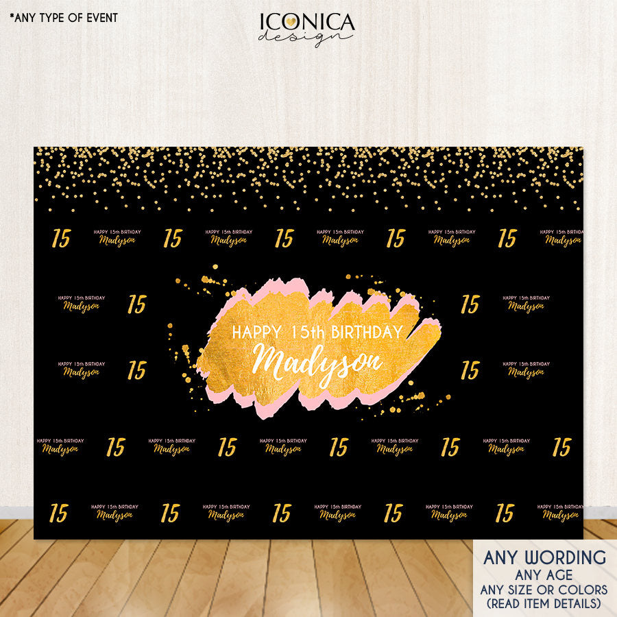 Birthday Photo Booth Backdrop Gold Quinceanera Custom Step & Repeat Backdrop Red Carpet Banner Printed BBD0056