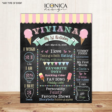 Load image into Gallery viewer, Ice Cream First Birthday Chalkboard Sign, Milestone Poster, Ice cream Party, Ice Cream Parlor,  Girls Milestones Poster CBD0017
