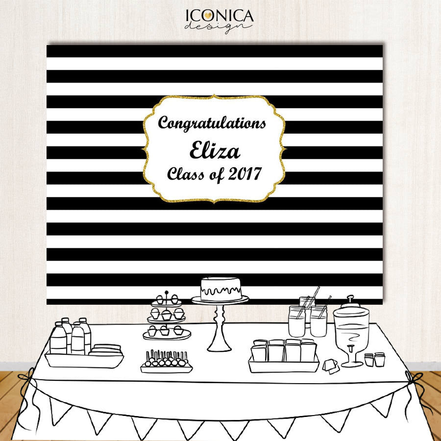 30th Birthday Party Backdrop, Black And White Stripes Gold - Birthday Backdrop Any Age Or Event - Milestone Birthday Backdrop - Printed Bbd0052