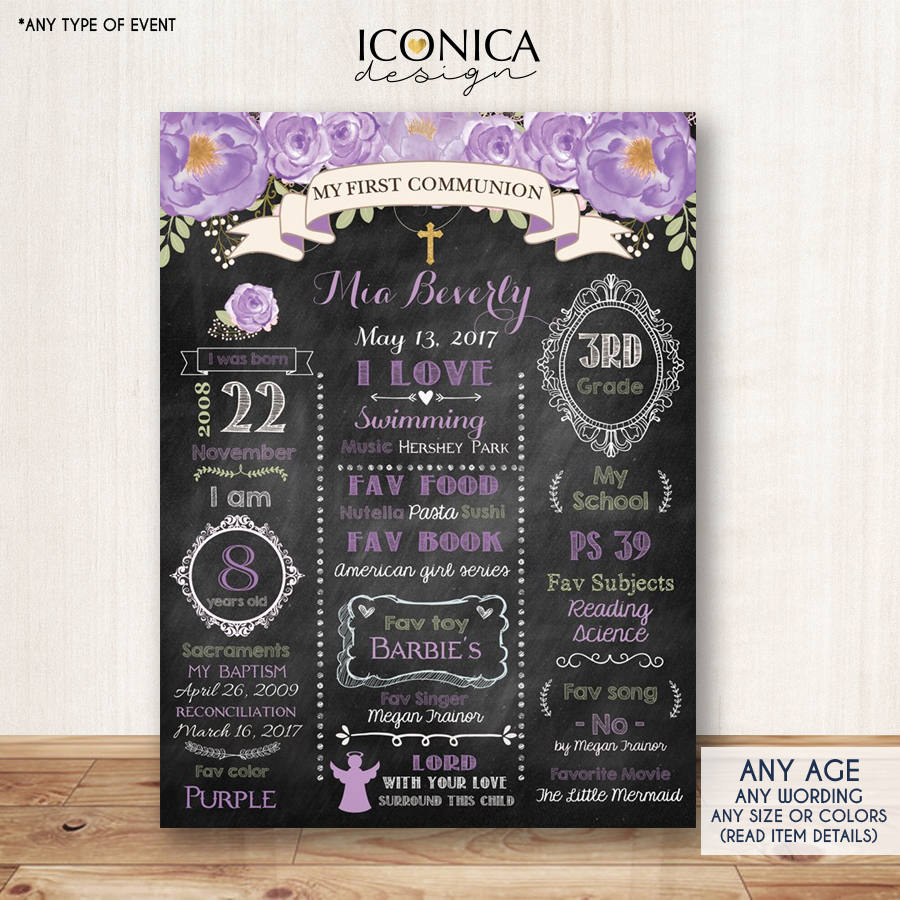Floral First Holy Communion Chalkboard Sign Poster - Baptism - Or Any Type Of Event - Any Age, 1st Birthday Digital Or Printed