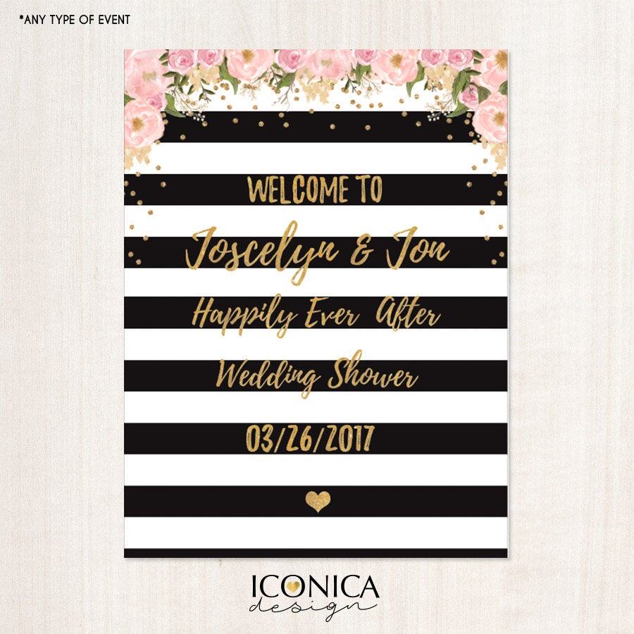 WEDDING Welcome Sign Floral Black and White Stripes - PINK PEONIES - Printed or Printable File - Free Shipping